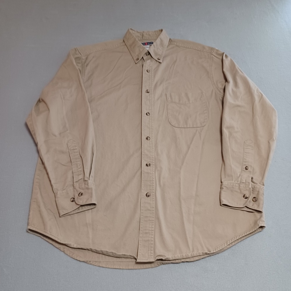 Jerzees Mens Large Khaki Tan Button Down Shirt 100% Cotton Twill Long Sleeve‎ L